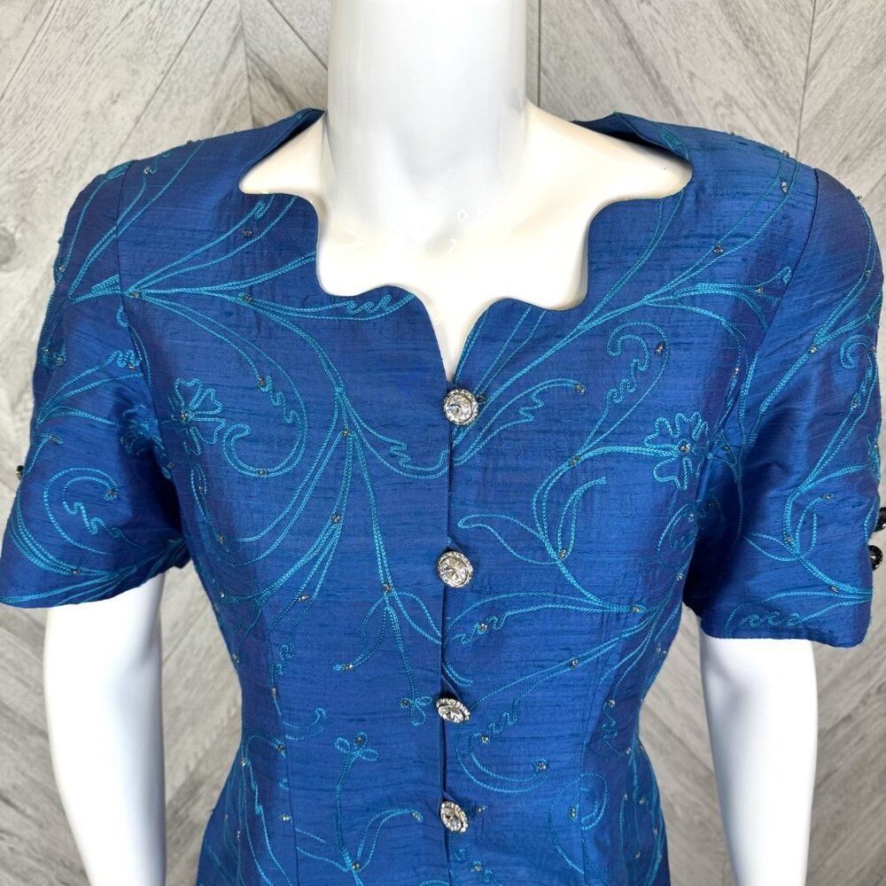 VTG 80s Skirt Suit Set Glam Power Cocktail Party Business Blue Rhinestone M/L - Picture 2 of 14